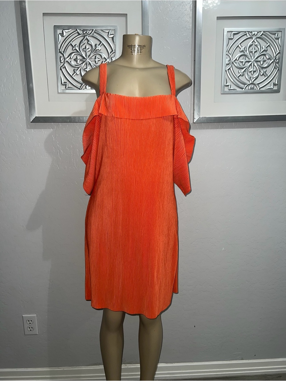 Mango Bright Orange Cold-Shoulder Pleated Mini Dress